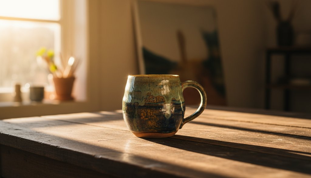 Dramatic, cinematic shot showcasing professional product photography in action in Blackburn South, Victoria, with a local artisan's handcrafted item bathed in golden light against a subtly blurred urban backdrop, capturing the essence of 'Blackburn South professional product photography solutions'.