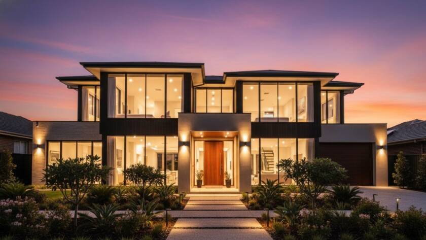 Dramatic twilight scene of a stunning modern home in Blackburn South, Victoria, showcasing professional Blackburn South property photography for quick sales, with warm interior lights glowing, a perfectly manicured garden, and a vivid purple and orange sky, capturing an inviting and high-value perspective.