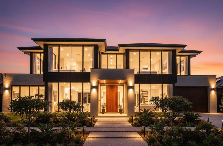 Dramatic twilight scene of a stunning modern home in Blackburn South, Victoria, showcasing professional Blackburn South property photography for quick sales, with warm interior lights glowing, a perfectly manicured garden, and a vivid purple and orange sky, capturing an inviting and high-value perspective.