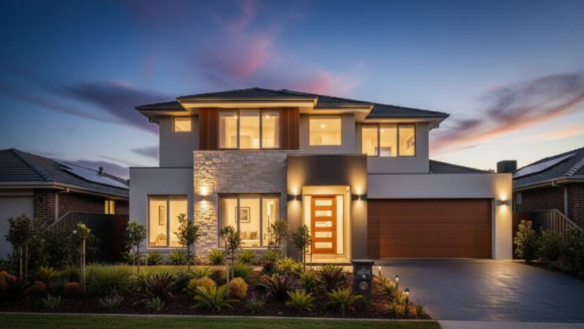 Dynamic wide-angle shot of a beautifully staged living room in a modern Blackburn South home at dusk, showcasing professional real estate photography for elevated property listings with dramatic light spill and inviting warmth.