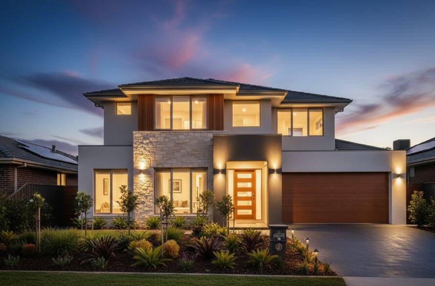 Dynamic wide-angle shot of a beautifully staged living room in a modern Blackburn South home at dusk, showcasing professional real estate photography for elevated property listings with dramatic light spill and inviting warmth.