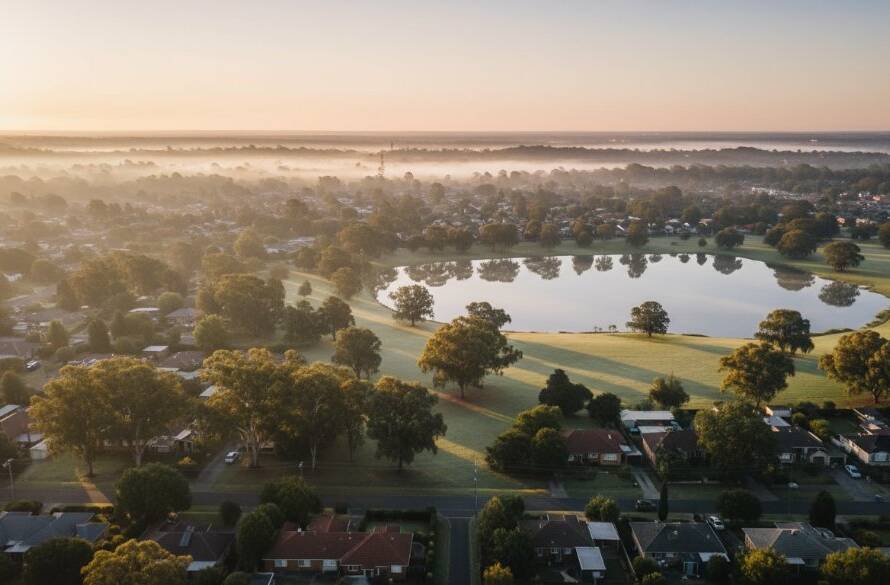 An epic, high-angle drone photograph capturing the lush greenery and residential charm of Blackburn South at sunrise, with a vibrant orange and purple sky reflecting on a local lake, showcasing the area's beauty. This image exemplifies Blackburn South unique drone photography for captivating aerial visuals.