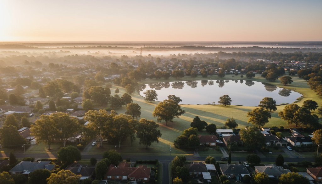 An epic, high-angle drone photograph capturing the lush greenery and residential charm of Blackburn South at sunrise, with a vibrant orange and purple sky reflecting on a local lake, showcasing the area's beauty. This image exemplifies Blackburn South unique drone photography for captivating aerial visuals.