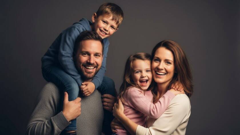 An intimate and joyful moment captured in a Blackburn studio photography for modern families session, featuring parents embracing their laughing young child, with dramatic cinematic lighting highlighting their expressions.