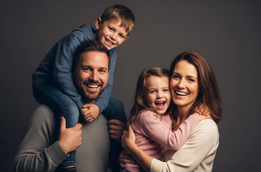 An intimate and joyful moment captured in a Blackburn studio photography for modern families session, featuring parents embracing their laughing young child, with dramatic cinematic lighting highlighting their expressions.