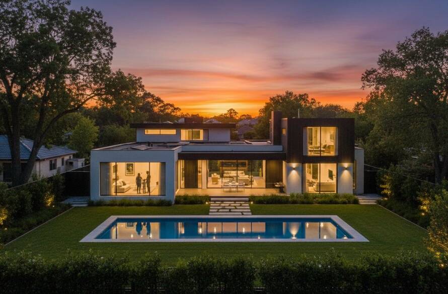 An aerial drone shot capturing a stunning modern family home in Blackburn, Victoria, at dusk, with warm interior lights glowing, lush garden, and a vibrant sunset sky, showcasing Blackburn VIC property photography for faster home sales with dramatic flair.