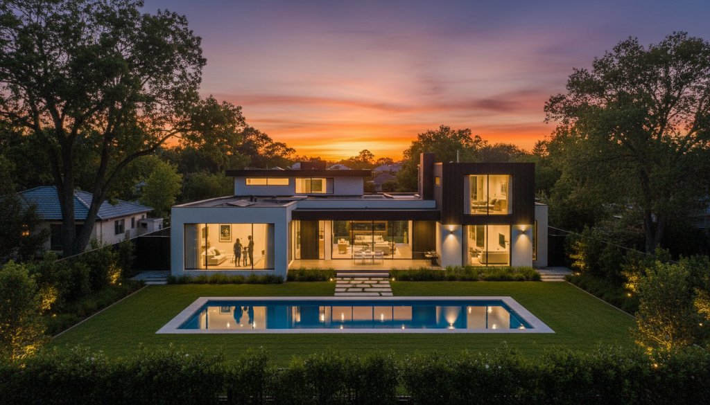 An aerial drone shot capturing a stunning modern family home in Blackburn, Victoria, at dusk, with warm interior lights glowing, lush garden, and a vibrant sunset sky, showcasing Blackburn VIC property photography for faster home sales with dramatic flair.