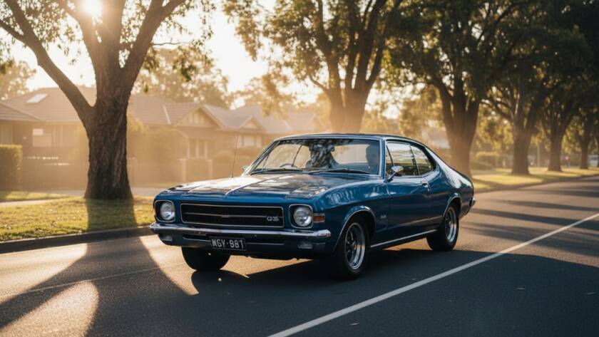 A stunning wide-angle photograph capturing a classic Holden Monaro cruising along a tree-lined street in Blackburn, Victoria, at sunset, showcasing expert Blackburn Victoria Automotive Photography For Classic Car Owners with golden hour light reflecting off its polished chrome, evoking a sense of nostalgic freedom and power.