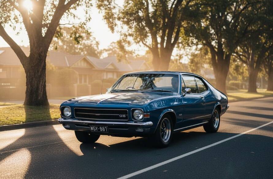 A stunning wide-angle photograph capturing a classic Holden Monaro cruising along a tree-lined street in Blackburn, Victoria, at sunset, showcasing expert Blackburn Victoria Automotive Photography For Classic Car Owners with golden hour light reflecting off its polished chrome, evoking a sense of nostalgic freedom and power.
