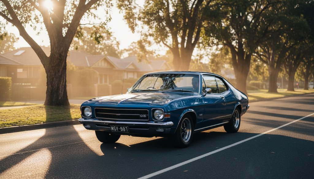 A stunning wide-angle photograph capturing a classic Holden Monaro cruising along a tree-lined street in Blackburn, Victoria, at sunset, showcasing expert Blackburn Victoria Automotive Photography For Classic Car Owners with golden hour light reflecting off its polished chrome, evoking a sense of nostalgic freedom and power.