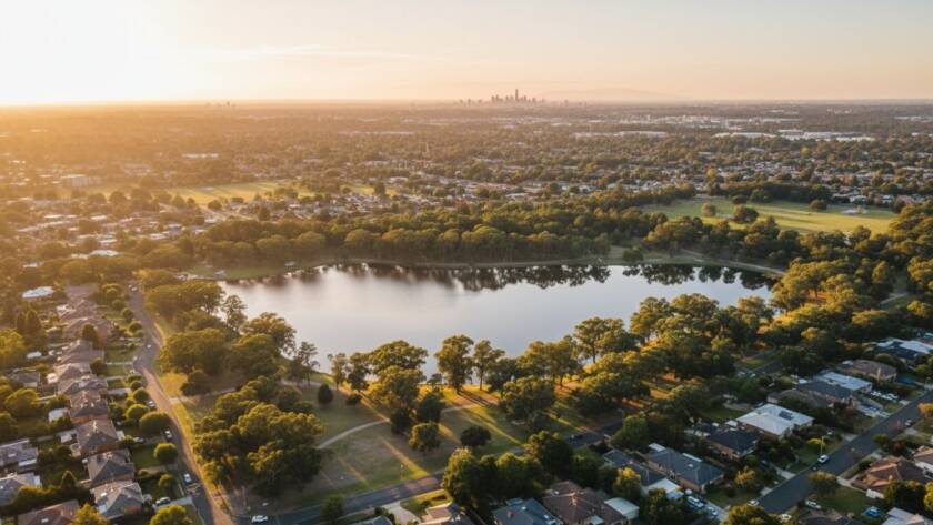 Stunning Blackburn Victoria drone photography panoramic views capturing a vibrant sunset over Blackburn Lake, showcasing verdant parklands, suburban rooftops, and distant city skyline from an epic aerial perspective, professionally colour-graded.