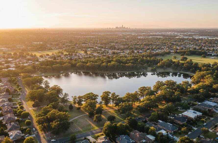 Stunning Blackburn Victoria drone photography panoramic views capturing a vibrant sunset over Blackburn Lake, showcasing verdant parklands, suburban rooftops, and distant city skyline from an epic aerial perspective, professionally colour-graded.