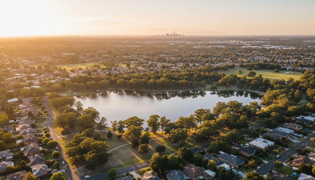 Stunning Blackburn Victoria drone photography panoramic views capturing a vibrant sunset over Blackburn Lake, showcasing verdant parklands, suburban rooftops, and distant city skyline from an epic aerial perspective, professionally colour-graded.