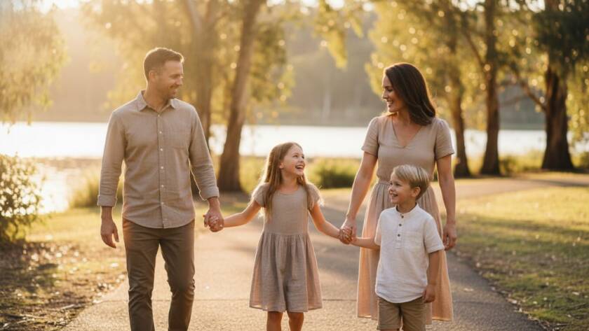 A heartwarming and dynamic 'Blackburn Victoria family photography natural moments' capture: a family of four (parents and two young children) laughing joyfully while walking hand-in-hand through the sun-dappled pathways of Blackburn Lake Sanctuary, late afternoon golden hour. The children are slightly ahead, looking back at their parents with wide smiles, while the parents share a loving glance. The scene is bathed in a warm, golden light filtering through the eucalyptus trees, creating beautiful bokeh and a sense of serenity. Professional photography with vibrant colours and a dreamy, cinematic feel.