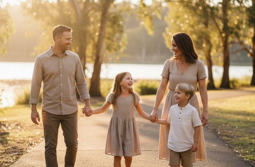 A heartwarming and dynamic 'Blackburn Victoria family photography natural moments' capture: a family of four (parents and two young children) laughing joyfully while walking hand-in-hand through the sun-dappled pathways of Blackburn Lake Sanctuary, late afternoon golden hour. The children are slightly ahead, looking back at their parents with wide smiles, while the parents share a loving glance. The scene is bathed in a warm, golden light filtering through the eucalyptus trees, creating beautiful bokeh and a sense of serenity. Professional photography with vibrant colours and a dreamy, cinematic feel.