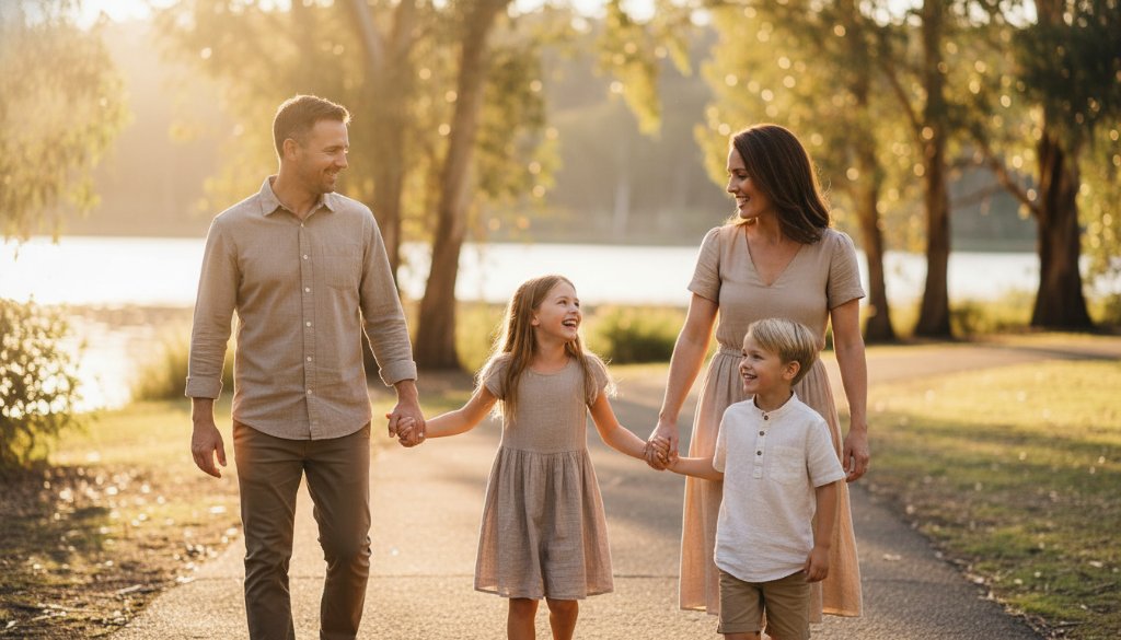 A heartwarming and dynamic 'Blackburn Victoria family photography natural moments' capture: a family of four (parents and two young children) laughing joyfully while walking hand-in-hand through the sun-dappled pathways of Blackburn Lake Sanctuary, late afternoon golden hour. The children are slightly ahead, looking back at their parents with wide smiles, while the parents share a loving glance. The scene is bathed in a warm, golden light filtering through the eucalyptus trees, creating beautiful bokeh and a sense of serenity. Professional photography with vibrant colours and a dreamy, cinematic feel.