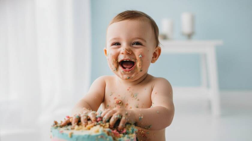 A vibrant, professionally color-graded photograph capturing an epic moment of a baby joyfully smashing a birthday cake in a Blackburm Victoria first birthday cake smash photography studio, cake smeared everywhere, wide happy smile, dramatic studio lighting.