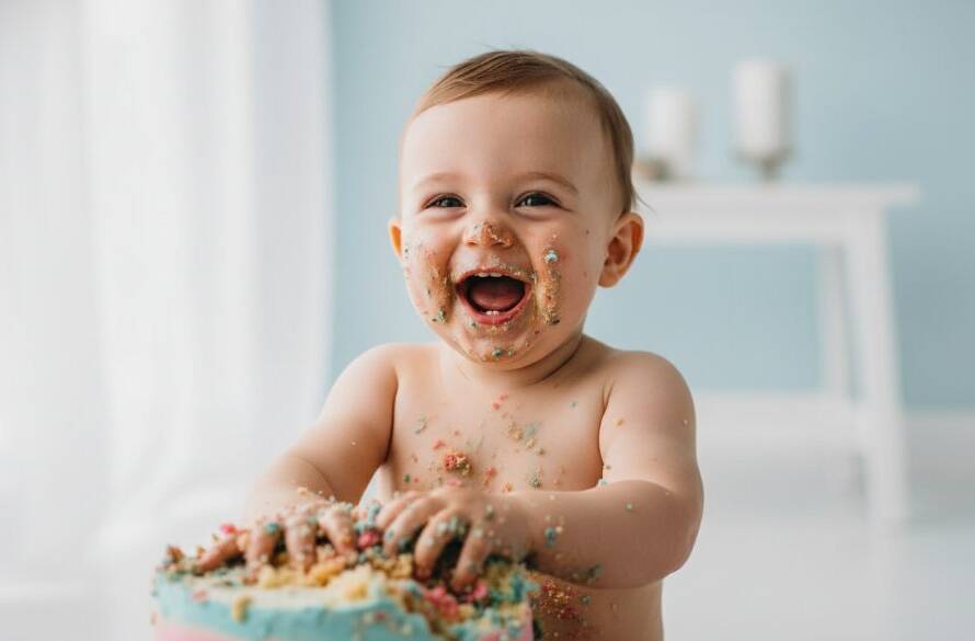 A vibrant, professionally color-graded photograph capturing an epic moment of a baby joyfully smashing a birthday cake in a Blackburm Victoria first birthday cake smash photography studio, cake smeared everywhere, wide happy smile, dramatic studio lighting.