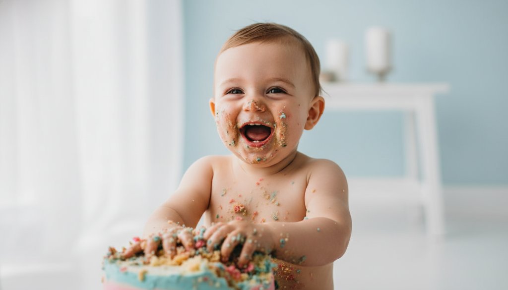 A vibrant, professionally color-graded photograph capturing an epic moment of a baby joyfully smashing a birthday cake in a Blackburm Victoria first birthday cake smash photography studio, cake smeared everywhere, wide happy smile, dramatic studio lighting.