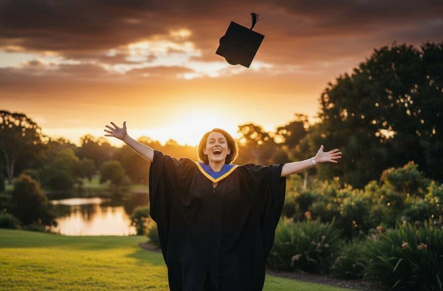 A wide shot capturing the culmination of Blackburn Victoria graduation photography joyous moments as a proud graduate, cap mid-air, celebrates exuberantly against a softly blurred backdrop of lush Blackburn parkland at sunset, dramatically lit with golden hour glow.