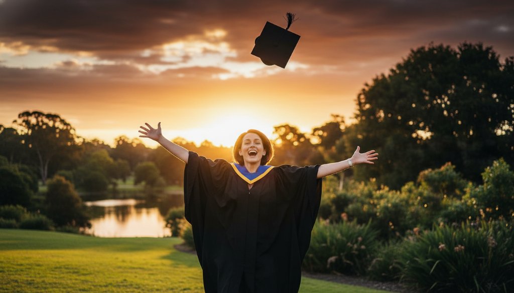 A wide shot capturing the culmination of Blackburn Victoria graduation photography joyous moments as a proud graduate, cap mid-air, celebrates exuberantly against a softly blurred backdrop of lush Blackburn parkland at sunset, dramatically lit with golden hour glow.