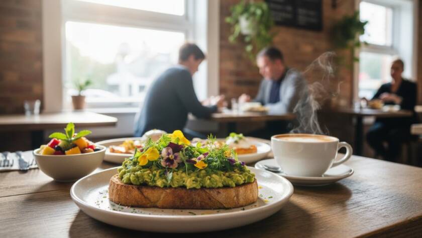 Dynamic wide-angle shot showcasing vibrant, perfectly styled dishes on a rustic wooden table inside a bustling Blackburn Victoria local cafe, bathed in warm, natural light during a golden hour 'epic moment', emphasizing fresh ingredients and the inviting atmosphere.