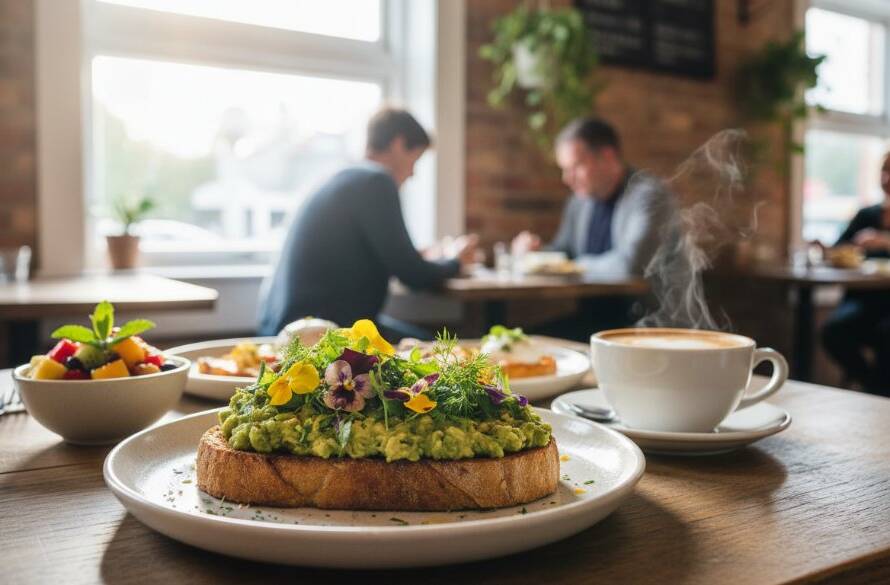 Dynamic wide-angle shot showcasing vibrant, perfectly styled dishes on a rustic wooden table inside a bustling Blackburn Victoria local cafe, bathed in warm, natural light during a golden hour 'epic moment', emphasizing fresh ingredients and the inviting atmosphere.