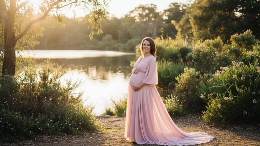 An epic moment from a Blackburn Victoria maternity photoshoot golden hour, featuring a radiant mother-to-be embracing her belly in a sun-drenched natural landscape, professional photography with dramatic lighting and warm tones.