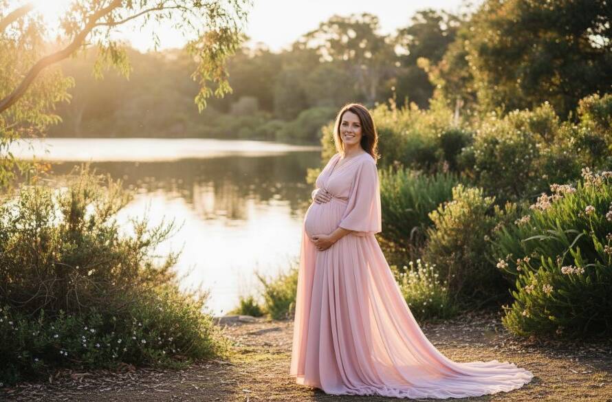 An epic moment from a Blackburn Victoria maternity photoshoot golden hour, featuring a radiant mother-to-be embracing her belly in a sun-drenched natural landscape, professional photography with dramatic lighting and warm tones.