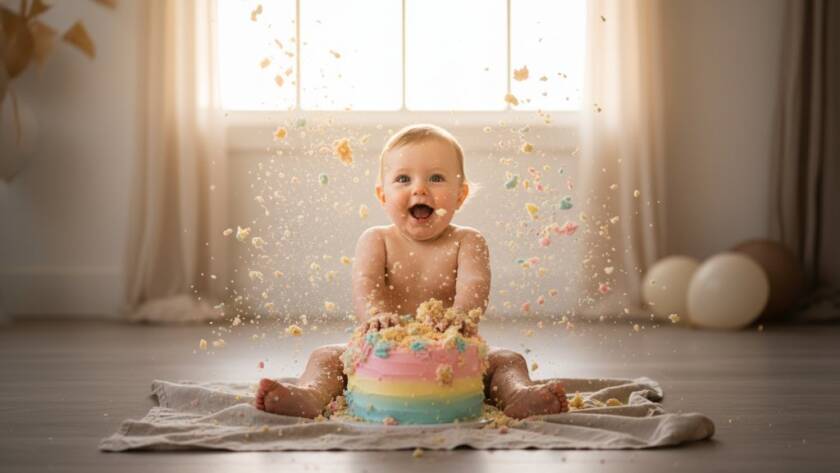 A stunning, wide-angle professional photograph capturing a joyous Blackburn Victoria memorable first birthday cake smash moment, with a one-year-old child playfully smashing a colourful cake, dramatic backlight highlighting flying frosting, and a backdrop evoking a whimsical, dreamy studio setting in Blackburn. The child's face is lit with pure delight, eyes wide, hands deep in cake, creating an epic and unmissable memory.