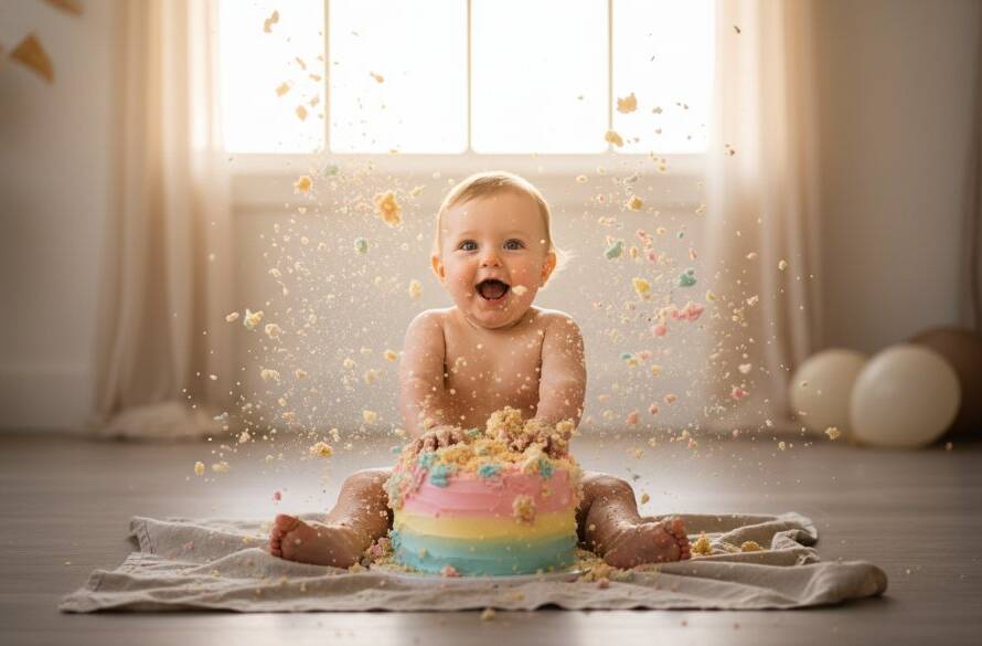 A stunning, wide-angle professional photograph capturing a joyous Blackburn Victoria memorable first birthday cake smash moment, with a one-year-old child playfully smashing a colourful cake, dramatic backlight highlighting flying frosting, and a backdrop evoking a whimsical, dreamy studio setting in Blackburn. The child's face is lit with pure delight, eyes wide, hands deep in cake, creating an epic and unmissable memory.