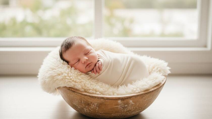 A heartwarming and beautifully lit 'epic moment' photograph of a newborn baby swaddled in soft, neutral fabrics, gently held in the parents' loving hands against a dreamy, blurred background reminiscent of a serene Blackburn garden. The scene evokes peace and the profound joy of Blackburn Victoria newborn photography capturing precious family moments, with a focus on connection and emotion.