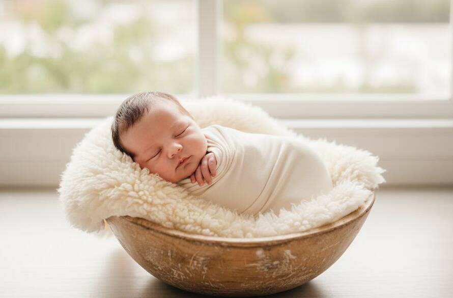 A heartwarming and beautifully lit 'epic moment' photograph of a newborn baby swaddled in soft, neutral fabrics, gently held in the parents' loving hands against a dreamy, blurred background reminiscent of a serene Blackburn garden. The scene evokes peace and the profound joy of Blackburn Victoria newborn photography capturing precious family moments, with a focus on connection and emotion.