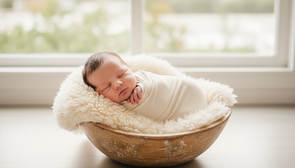 A heartwarming and beautifully lit 'epic moment' photograph of a newborn baby swaddled in soft, neutral fabrics, gently held in the parents' loving hands against a dreamy, blurred background reminiscent of a serene Blackburn garden. The scene evokes peace and the profound joy of Blackburn Victoria newborn photography capturing precious family moments, with a focus on connection and emotion.