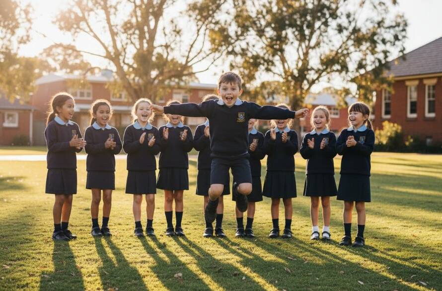A vibrant, professionally color-graded photograph capturing an epic moment of genuine joy during Blackburn Victoria school photography authentic portraits. A diverse group of primary school children, dressed in their school uniforms, are laughing and interacting naturally in a sunny outdoor setting on the school grounds, with lush trees reminiscent of Blackburn Lake Sanctuary in the background. Dramatic, warm afternoon sunlight highlights their happy faces, and one child is caught mid-jump with arms outstretched, perfectly in focus against a softly blurred background, embodying pure, uninhibited school spirit.