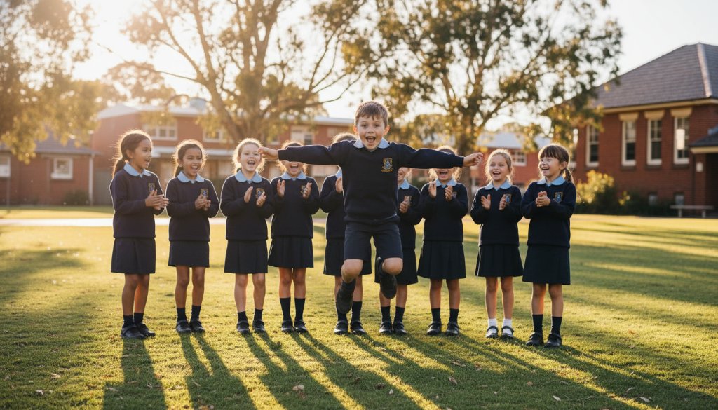 A vibrant, professionally color-graded photograph capturing an epic moment of genuine joy during Blackburn Victoria school photography authentic portraits. A diverse group of primary school children, dressed in their school uniforms, are laughing and interacting naturally in a sunny outdoor setting on the school grounds, with lush trees reminiscent of Blackburn Lake Sanctuary in the background. Dramatic, warm afternoon sunlight highlights their happy faces, and one child is caught mid-jump with arms outstretched, perfectly in focus against a softly blurred background, embodying pure, uninhibited school spirit.