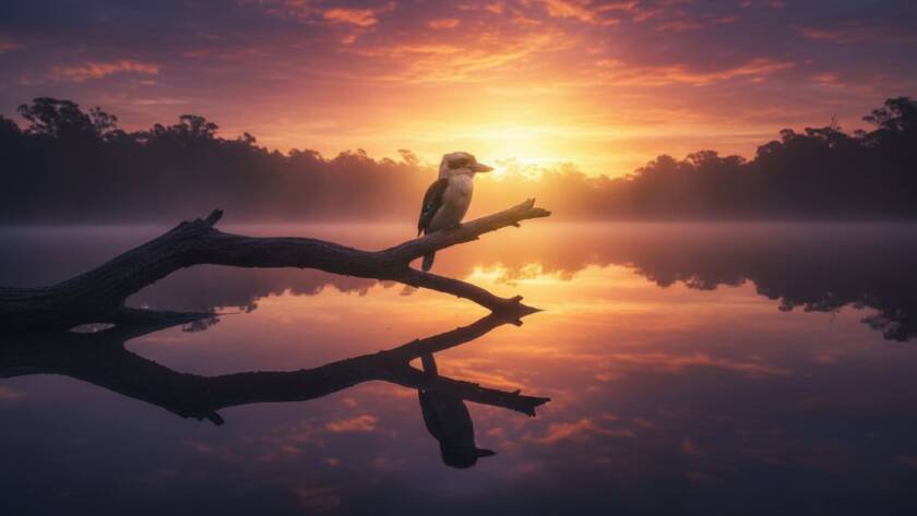 A dramatic and soulful fine art photography shot in Blackburn, Victoria, depicting a solitary figure silhouetted against a golden hour sky reflecting off a still pond, capturing an epic moment of reflection and natural beauty.