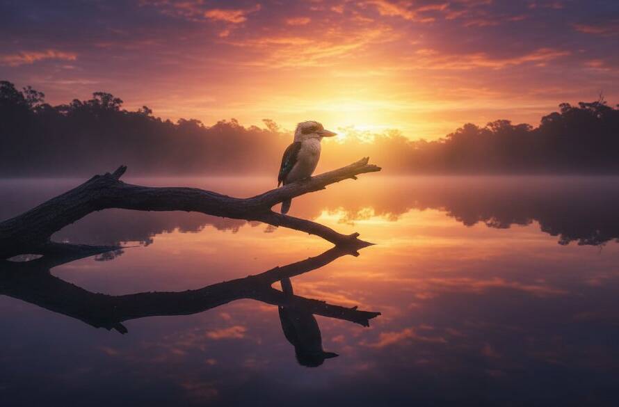 A dramatic and soulful fine art photography shot in Blackburn, Victoria, depicting a solitary figure silhouetted against a golden hour sky reflecting off a still pond, capturing an epic moment of reflection and natural beauty.
