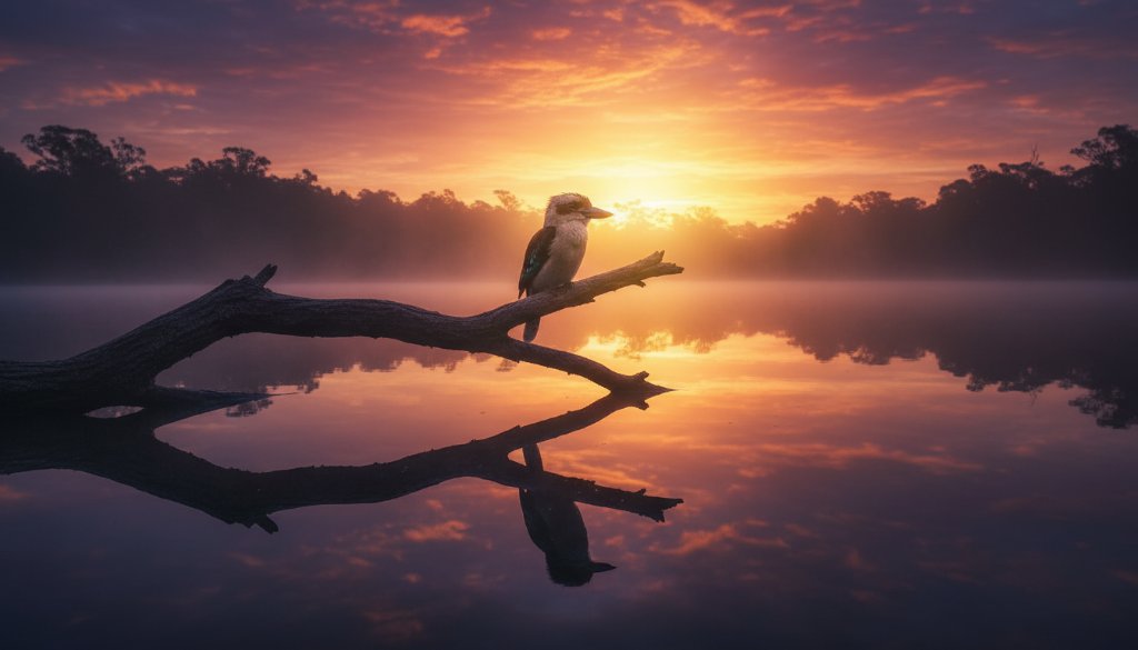 A dramatic and soulful fine art photography shot in Blackburn, Victoria, depicting a solitary figure silhouetted against a golden hour sky reflecting off a still pond, capturing an epic moment of reflection and natural beauty.