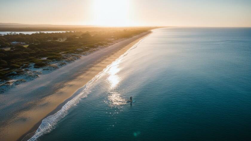 An epic drone shot capturing Bonbeach coastal drone photography captivating views, featuring golden hour light illuminating the pristine Bonbeach shoreline and turquoise waters, with a lone paddleboarder gliding peacefully, evoking a sense of calm and expansive beauty.