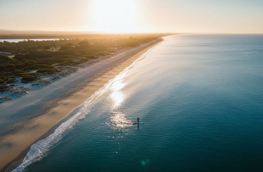 An epic drone shot capturing Bonbeach coastal drone photography captivating views, featuring golden hour light illuminating the pristine Bonbeach shoreline and turquoise waters, with a lone paddleboarder gliding peacefully, evoking a sense of calm and expansive beauty.