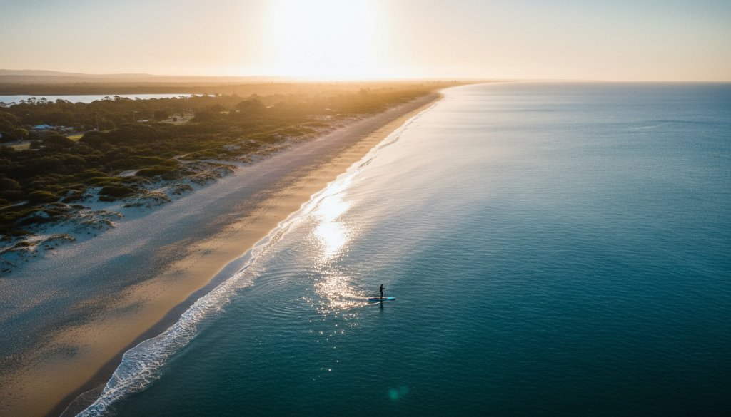 An epic drone shot capturing Bonbeach coastal drone photography captivating views, featuring golden hour light illuminating the pristine Bonbeach shoreline and turquoise waters, with a lone paddleboarder gliding peacefully, evoking a sense of calm and expansive beauty.