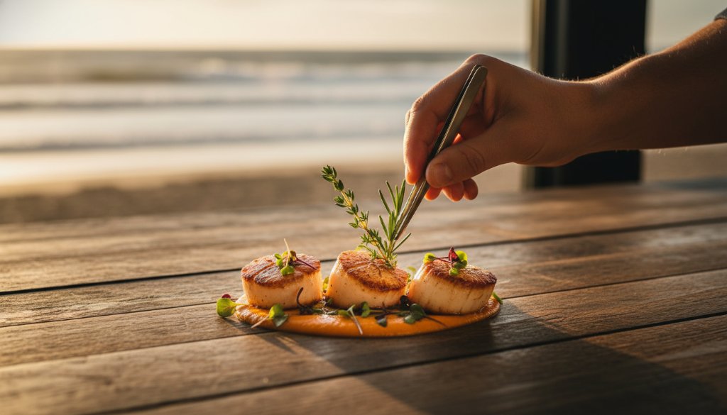 An epic moment captured: a vibrant, professionally styled char-grilled seafood platter from a Bonbeach restaurant, dramatically lit at sunset on a beachside patio, with the waves gently breaking in the background, showcasing Bonbeach culinary photography storytelling with stunning visual appeal.