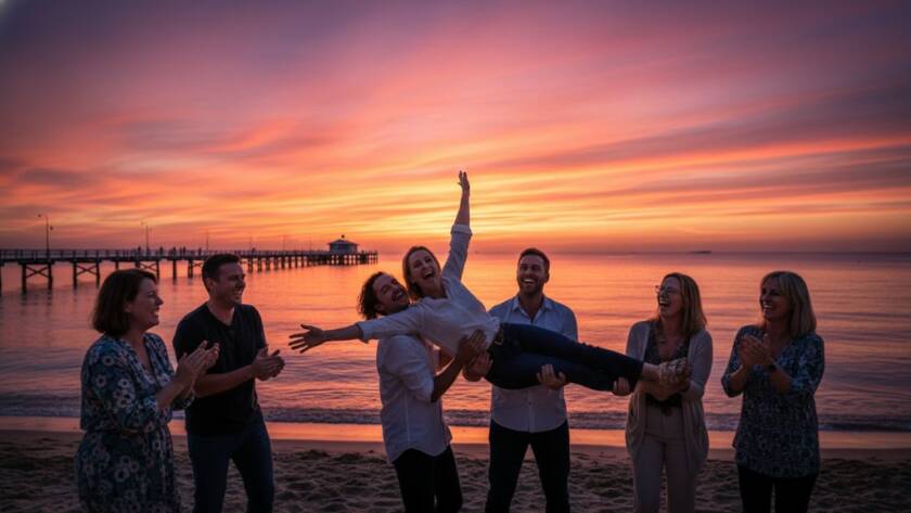 Dynamic wide shot of Bonbeach event photography capturing authentic community joy, showcasing a group of people laughing and interacting joyfully by the Bonbeach foreshore at sunset, with warm, golden hour lighting.