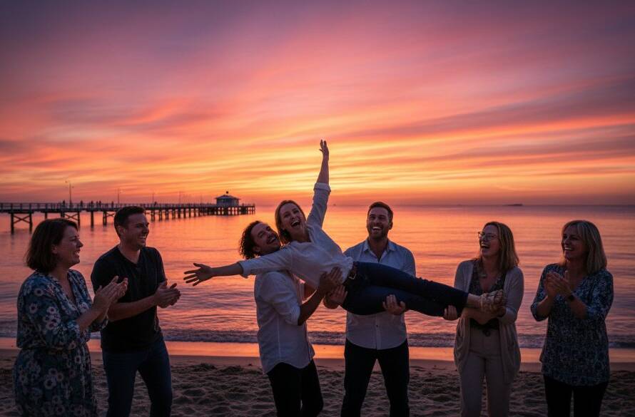 Dynamic wide shot of Bonbeach event photography capturing authentic community joy, showcasing a group of people laughing and interacting joyfully by the Bonbeach foreshore at sunset, with warm, golden hour lighting.