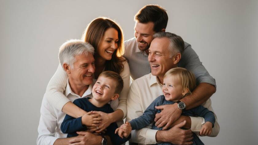 An intimate and joyful Bonbeach family studio photography experience, capturing a multi-generational family laughing together in a beautifully lit, modern studio setting, with warm, soft light highlighting their connection. This epic moment radiates genuine happiness and familial bond.