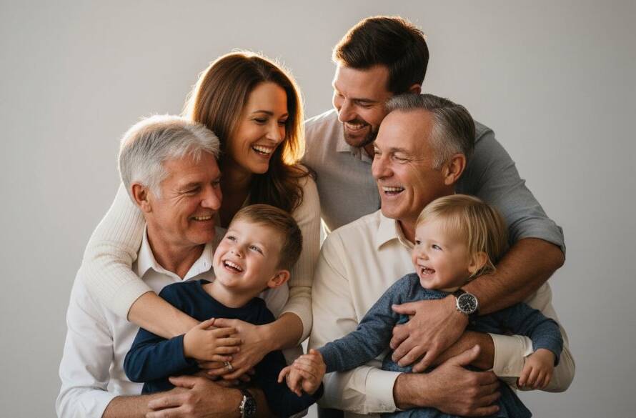 An intimate and joyful Bonbeach family studio photography experience, capturing a multi-generational family laughing together in a beautifully lit, modern studio setting, with warm, soft light highlighting their connection. This epic moment radiates genuine happiness and familial bond.