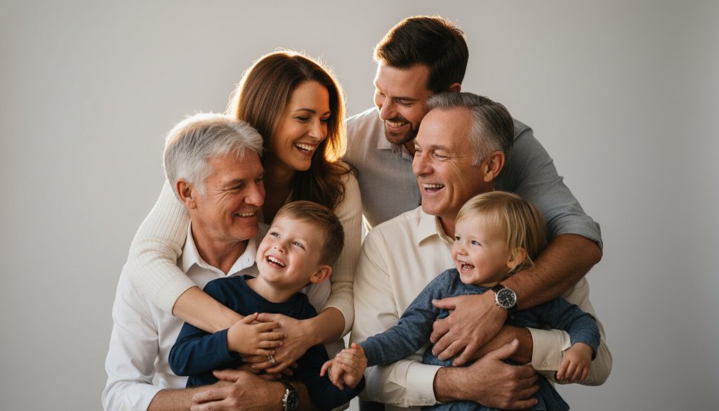 An intimate and joyful Bonbeach family studio photography experience, capturing a multi-generational family laughing together in a beautifully lit, modern studio setting, with warm, soft light highlighting their connection. This epic moment radiates genuine happiness and familial bond.