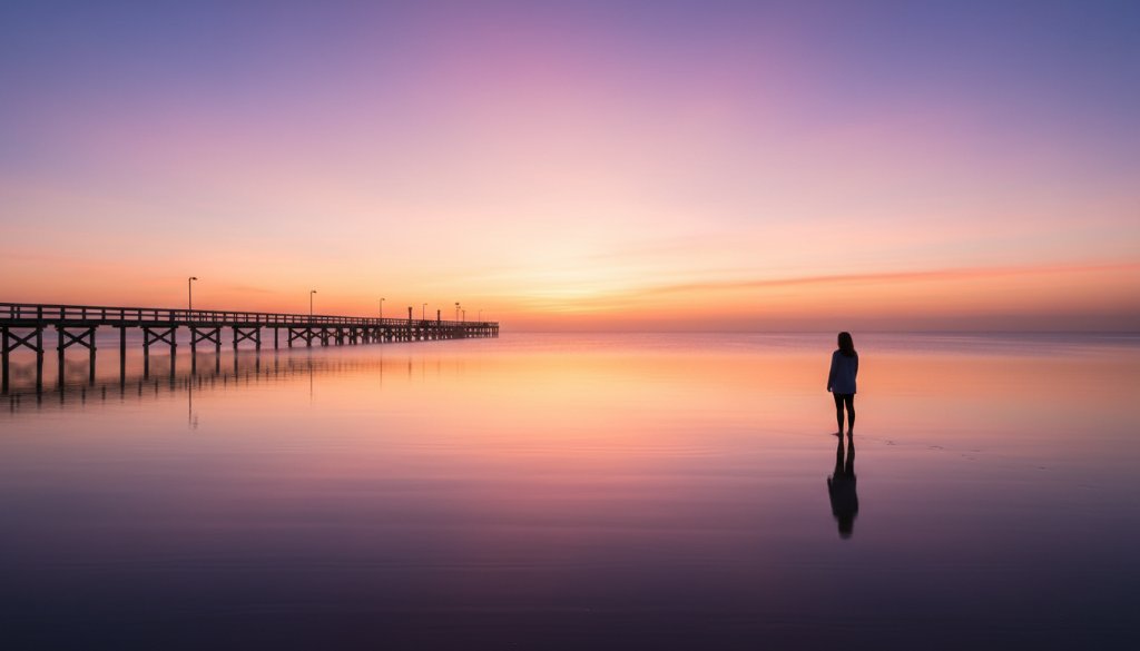 An epic, dramatically lit fine art photograph capturing the serene beauty of Bonbeach fine art coastal photography at sunrise, with a lone figure contemplating the calm, golden-hour bay.