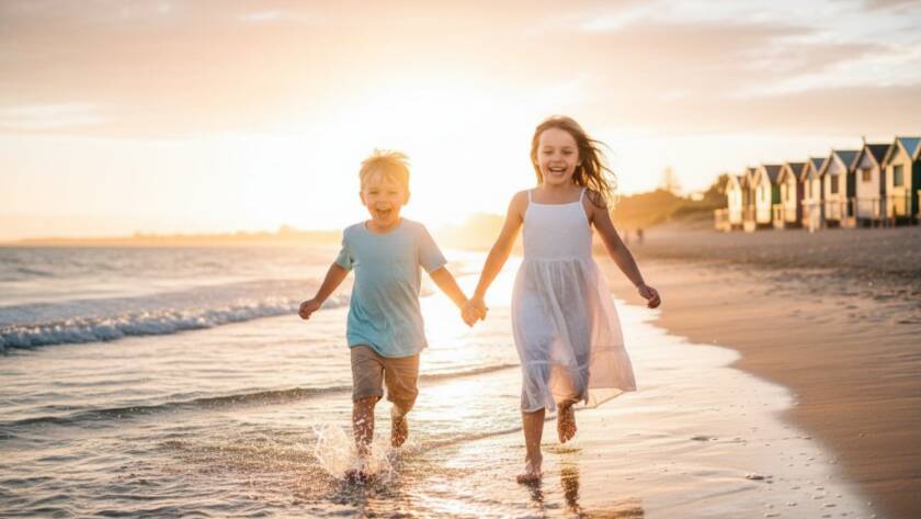 A professional photograph of Bonbeach kids photography capturing authentic moments, showing two siblings laughing joyfully as they run through the shallow waves at Bonbeach foreshore, golden hour light backlighting their playful sprint, creating an epic, heartwarming scene.